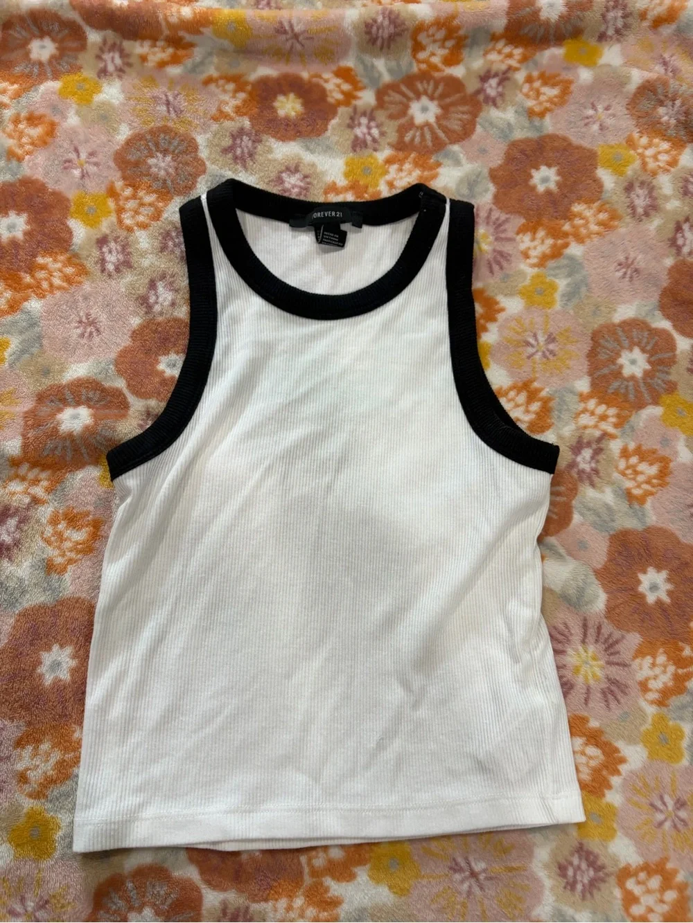 Forever 21 White Ribbed Tank with Black Trim Accents